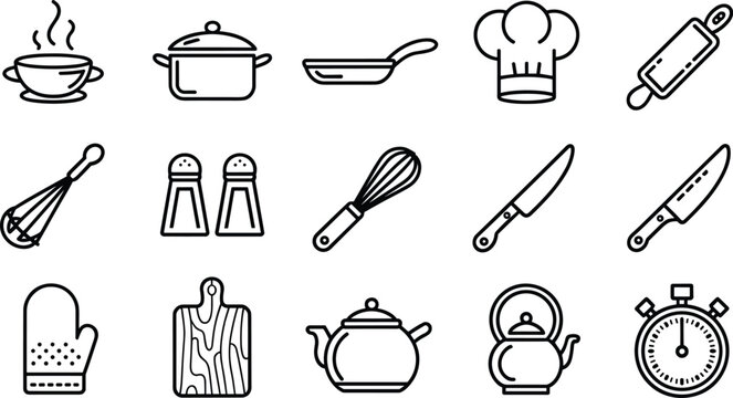 Black Silhouette Kitchenware and Cooking Tools Vector Icon Set Featuring Hot Soup Bowl Cooking Pot Frying Pan Chef Hat Rolling Pin Whisk Kitchen Knife Salt Pepper Shakers Cutting Board Oven Mitt Teapo