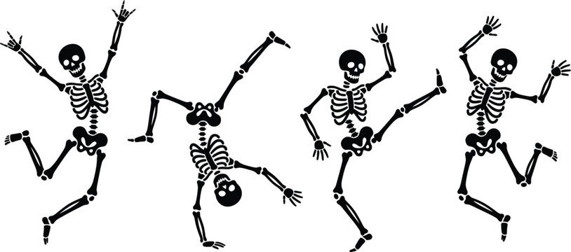 Dancing skeleton figures in various playful poses illustrating movement and fun activities