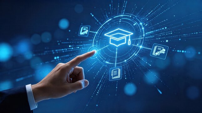 E-learning digital education concept, hand touching graduation cap icon on virtual screen, online learning technology and distance study background