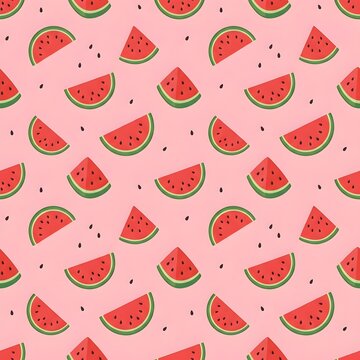 Seamless pattern of fresh watermelon slices with black seeds on a pastel pink background vibrant red fruit with green rind perfect for summer food packaging and healthy lifestyle