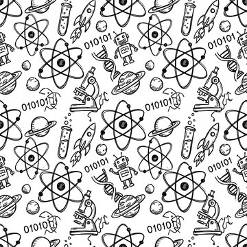 Seamless pattern of hand drawn science icons including atoms robots rockets planets microscopes test tubes DNA binary code and satellites on white background