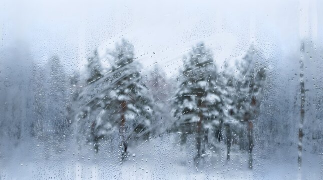 Snow covered trees and branches seen through a foggy window with water droplets winter landscape with blurred background cold weather scene with natural outdoor elements and frosty