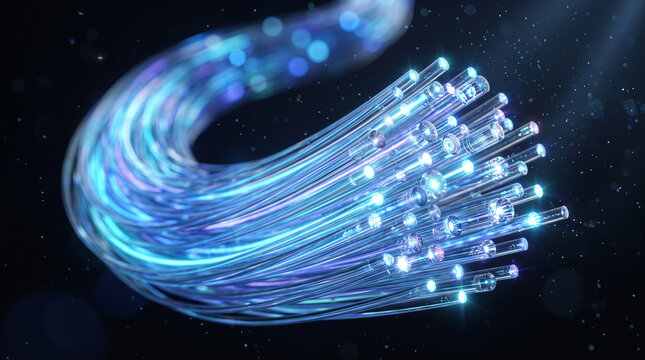 Close-up of glowing fiber optic cable bundle emitting blue and white light symbolizing high-speed internet data transmission and modern communication technology    generative ai