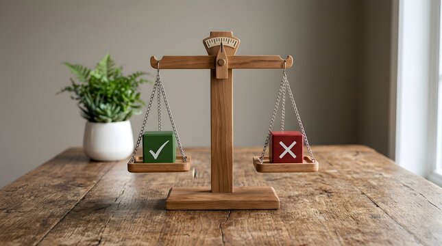 Wooden balance scale with green check mark and red x mark cubes on a rustic wooden table