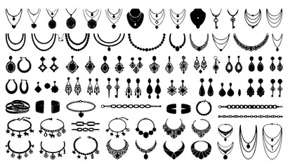 Luxury Necklace Earrings Bracelets Black Silhouette Vector Collection with Pearls Chains and Jewelry Elements © Mdashadul