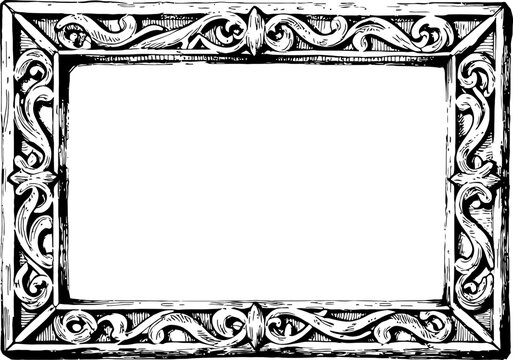 Ornate rectangular vintage frame with detailed floral and scrollwork design black and white illustration