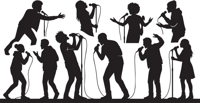 Singer Silhouette Collection, Microphone Performance Poses, Vocalist Shapes, Band Art