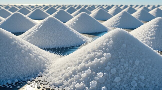White salt piles arranged in organized rows at outdoor industrial field. Harvesting sea crystals under bright sunlight creates geometric pattern perspective. Raw mineral substance mounds appear