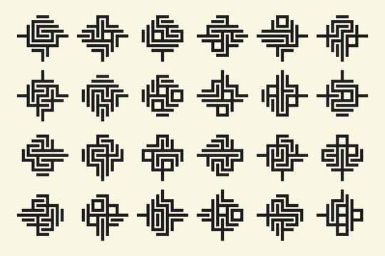 Black Maze Pattern Icon Set Cream Background Circuit Symbols Collection