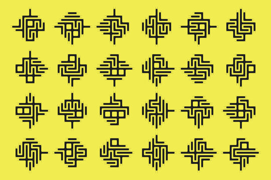 Black Maze Pattern Icon Set Yellow Background Circuit Symbols Collection