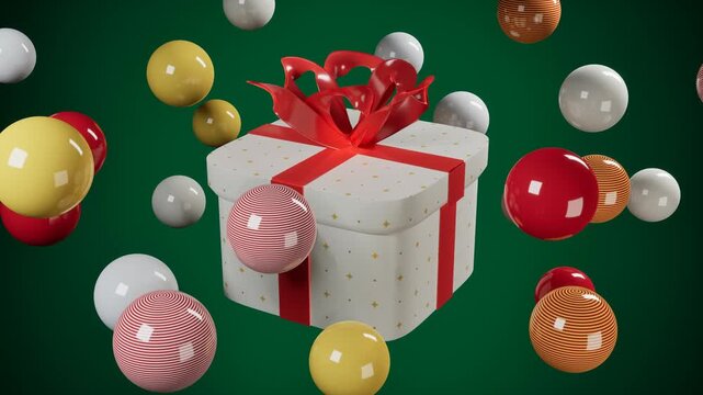 Festive gift box with floating spheres. 3d rendering
