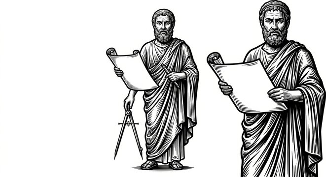 Engraved illustrations of ancient greek scholars with scrolls