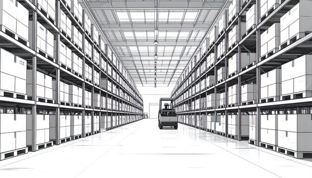Vector illustration of a warehouse interior with stacked boxes on pallets and industrial shelving.