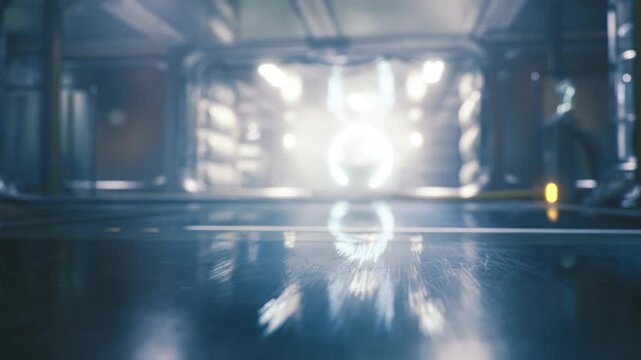 Illuminated shuttle bay portal inside space station, polished landing deck with ring guidance lights, reflective surface and subtle docking residues, quiet