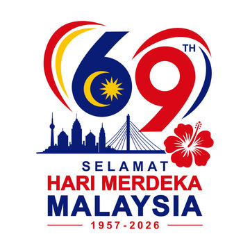 69th Malaysia Independence Day 2026 vector logo emblem. Features Happy Merdeka Day Malaysia typography and Kuala Lumpur skyline. Translation: Malaysia Independence Day.