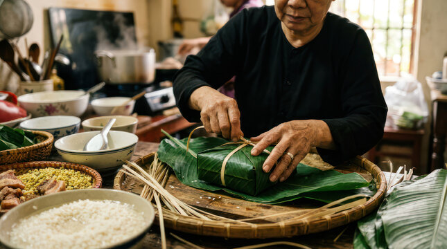 Elderly person preparing traditional food wrapped in banana leaves.