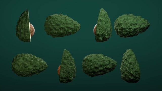 Avocado halves and whole fruits on green background. 3d rendering