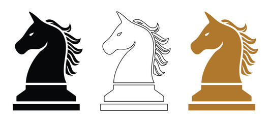 Set of Three Chess Knight Horse Piece Icons with Line Art, Solid, and Bronze Styles. © SHAHIDA KHATUN