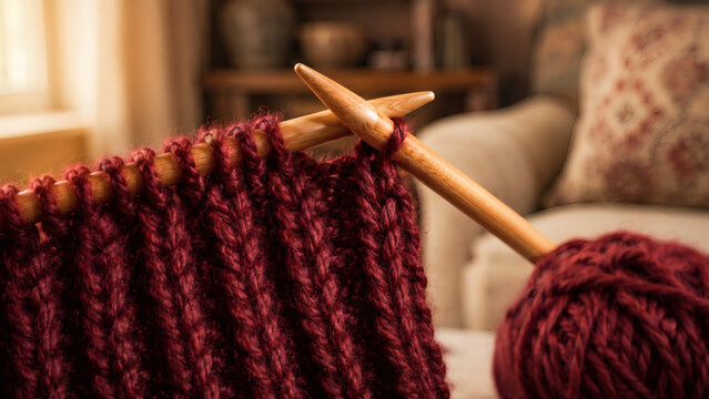 Close-up of wooden knitting needles working burgundy red chunky wool yarn showing individual ply texture soft fibre halo V-shaped stitch loops rib pattern and wool ball in warm domestic bokeh