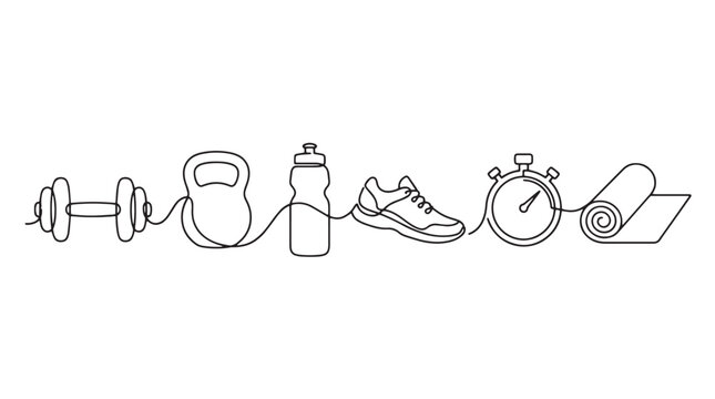 Minimalist continuous line art of fitness equipment, gym workout icons in one line style, black and white sports gear vector illustration