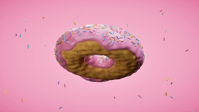 Pink frosted donut with sprinkles on pink background. 3d rendering