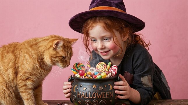 Cute little witch girl with red cat looking into a magic cauldron filled with colorful candies for Halloween