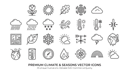Obraz premium Premium climate and seasons vector icons, set of 25 weather line illustrations, minimalist environmental symbols for meteorology and ecology apps