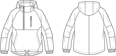 MobileMen Hooded Anorak Jacket Half Zip Technical Flat Sketch Fashion CAD Vector Illustration Front Back View © FalguniAkter
