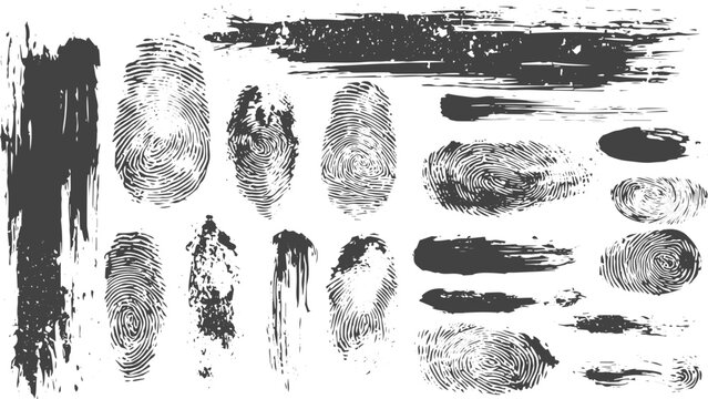 Distressed Fingerprint Vector Collection, Black Ink Grunge Prints with Rough Texture, Smudges and Detailed Ridge Patterns.