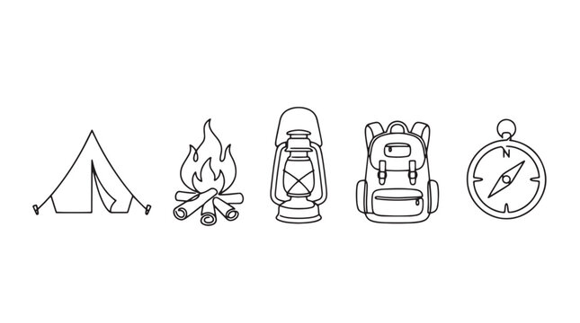 Minimalist camping line icons set, outdoor adventure equipment vector collection, black and white hiking symbols including tent and campfire