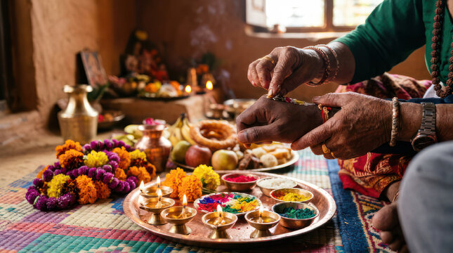 Hindu woman performing religious ritual with offerings and colorful powders.
