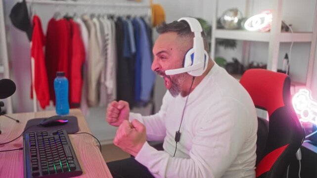 Man wearing headset clenches fists at keyboard in a gaming studio, shouting and leaning forward in a victory pose; excitement victory.