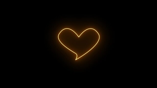 Golden neon glowing heart shaped speech bubble icon on black background 4k