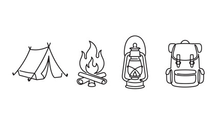 Minimalist camping icon set with tent and campfire, thin line outdoor adventure symbols, 4 vector elements for hiking and travel gear © Muhammad