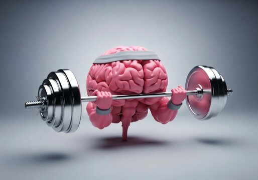 Brain Training Concept: Human Brain Character Lifting Heavy Weights for Mental Strength and Cognitive Performance