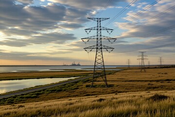 Obraz premium Electric power line towers stand in grassy field near calm lake water. Metal pylons connect electricity cables against dramatic sunset sky. Industrial structure crosses rural landscape scenery during