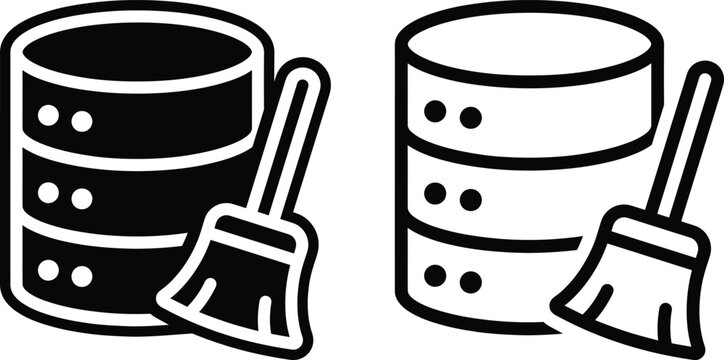 Database cleaning icon set in solid and outline style with database cleaning maintenance technology computer management
