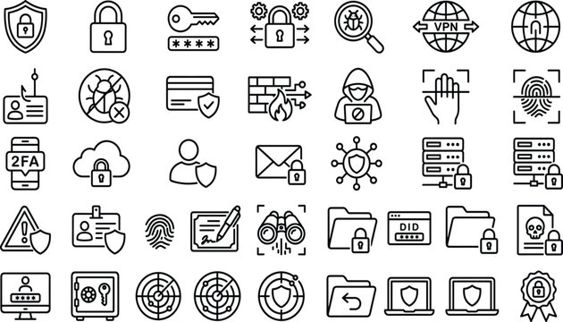 Cyber security line icon set, data protection, padlock, key, hacker, firewall, biometrics, isolated on white background, vector elements