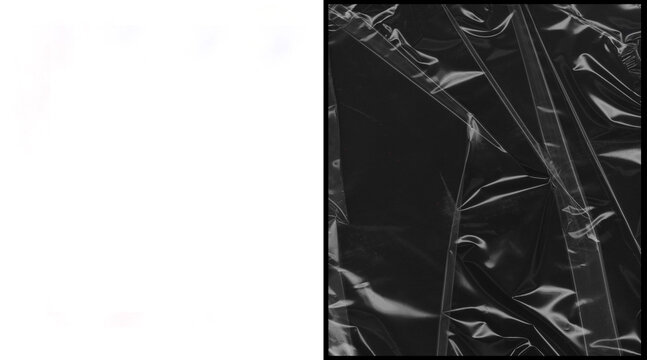 Crumpled plastic wrap texture on black background, wrinkled transparent cellophane film overlay, dark abstract polyethylene material with highlights