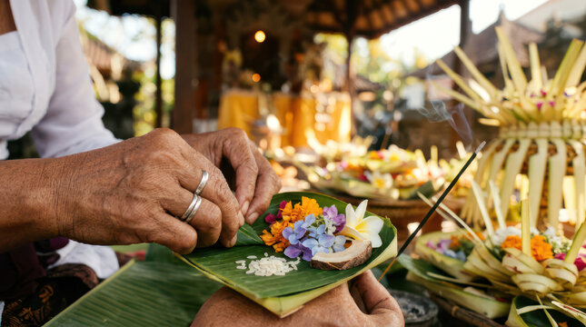 Person making a small offering with flowers and leaves.