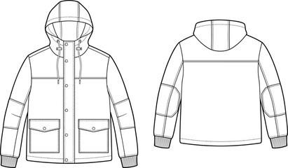 MobileTechnical Fashion Flat Sketch of a Hooded Winter Parka Jacket Front and Back View Vector Template © FalguniAkter