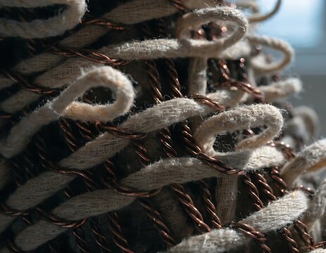 Macro Shot of Woven Natural Cord and Twisted Copper Wire Craft Texture Background