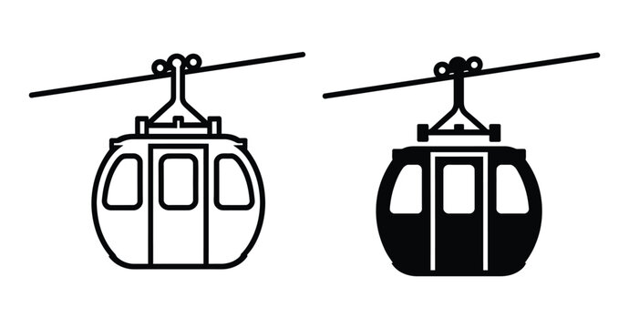 Cable car icons featuring gondola transport symbols in black and white outline, solid, and minimalist vector styles for mountain travel, ski resorts, tourism, transportation, maps, and wayfinding desi