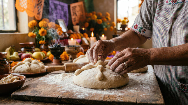 Person preparing traditional bread for Day of the Dead celebration.