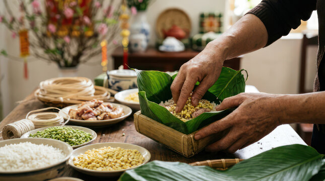 Person preparing traditional Vietnamese food with banana leaves and ingredients.