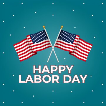 Happy labor day greeting card design with two crossed american flags on a blue background