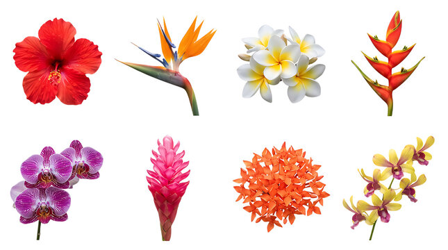 Set of beautiful exotic tropical flowers including hibiscus bird of paradise plumeria heliconia orchid ginger ixora and yellow orchid isolated collection for floral summer design projects