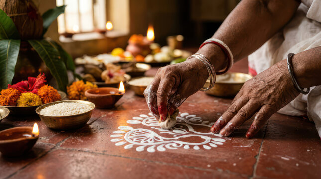 Woman creating traditional rangoli art with white powder during a religious ceremony.