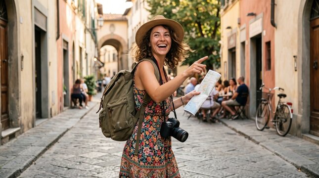 A funny young woman sits on an overfilled yellow suitcase while trying to close it for summer holiday packing.