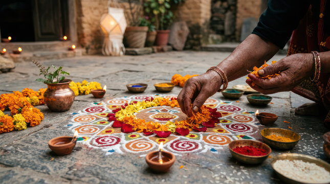 Woman decorating floor with colorful rangoli during festival 1.